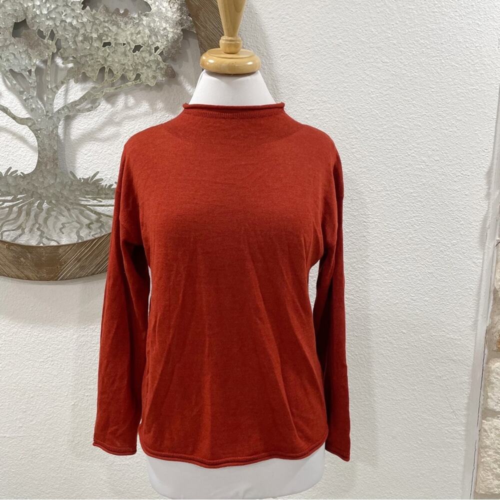 Garnet Hill Merino Wool Mock Neck Rolled Hem Sweater Brick Red Small